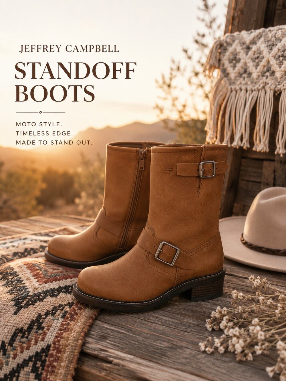NIB Jeffrey Campbell Standoff Moto Engineer Boots Tan Leather Size 6